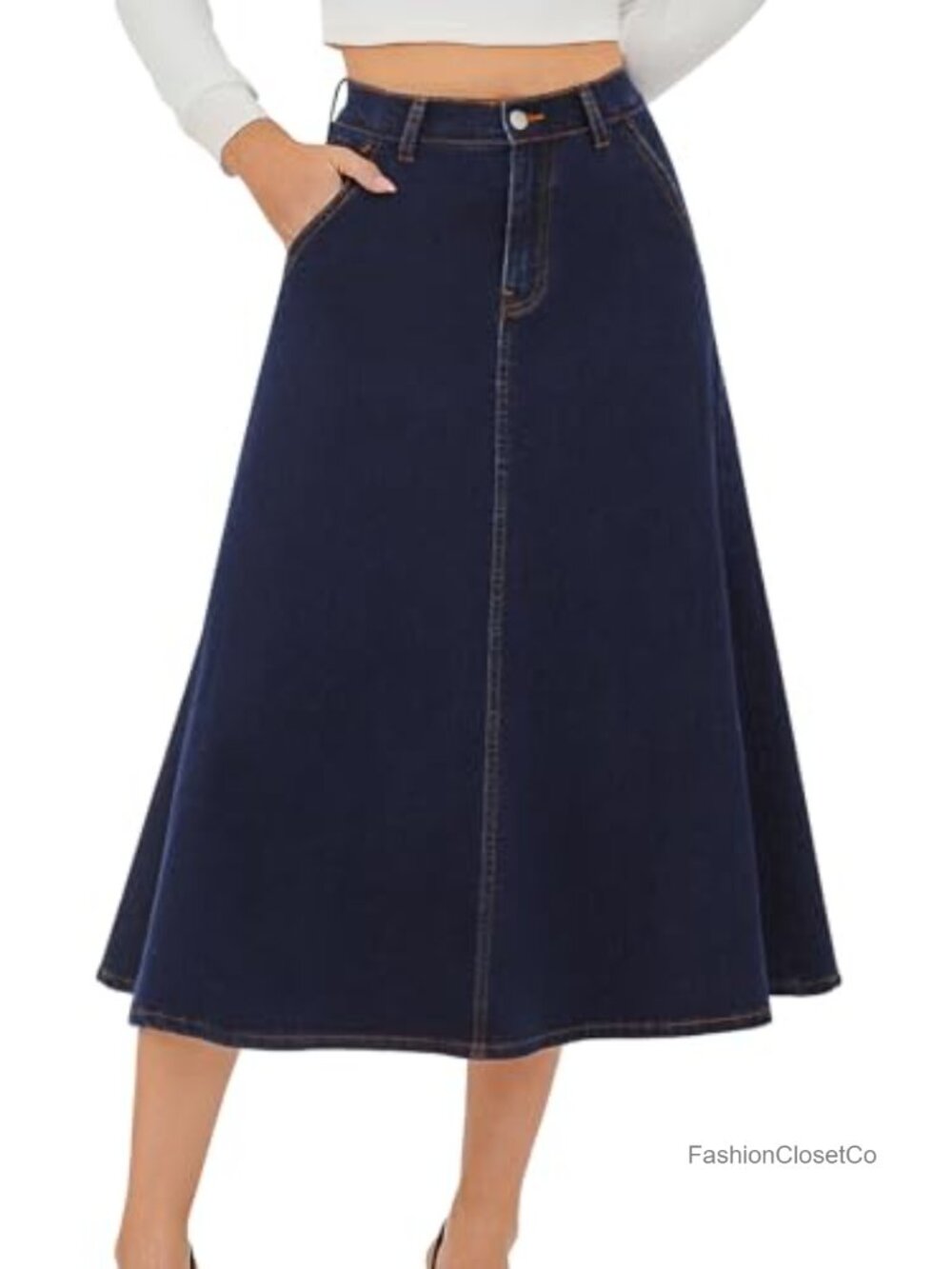 High Waisted A-Line Maxi Denim Skirt with Pockets Stretchy Long Jean Skirt